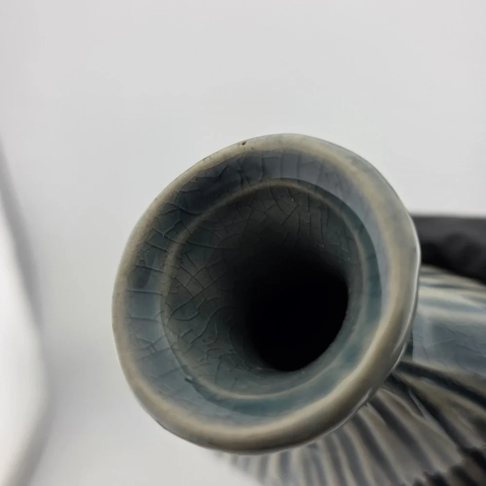 Pier 1 Decorative Vase Ribbed Ceramic Asymmetrical‎ Blue Brown Excellent  Decor